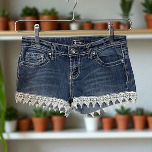 Soundgirl Dark Blue Jean Shorts with Lace Trim rockabilly low rise embellished